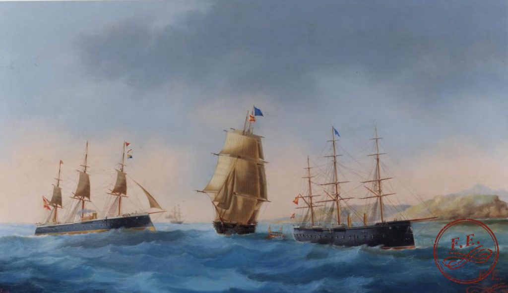 Pareja de Marinas: La Armada Española anclada en aguas de Mahón con motivo de la visita de Isabel II a la isla de Menorca
